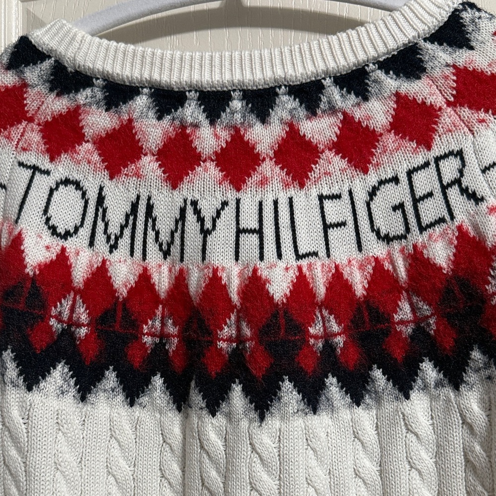 Tommy Hilfiger Ivory Cable Knit Fair Isle Sweater Y2K Preppy Winter Holiday Ski - Picture 4 of 6